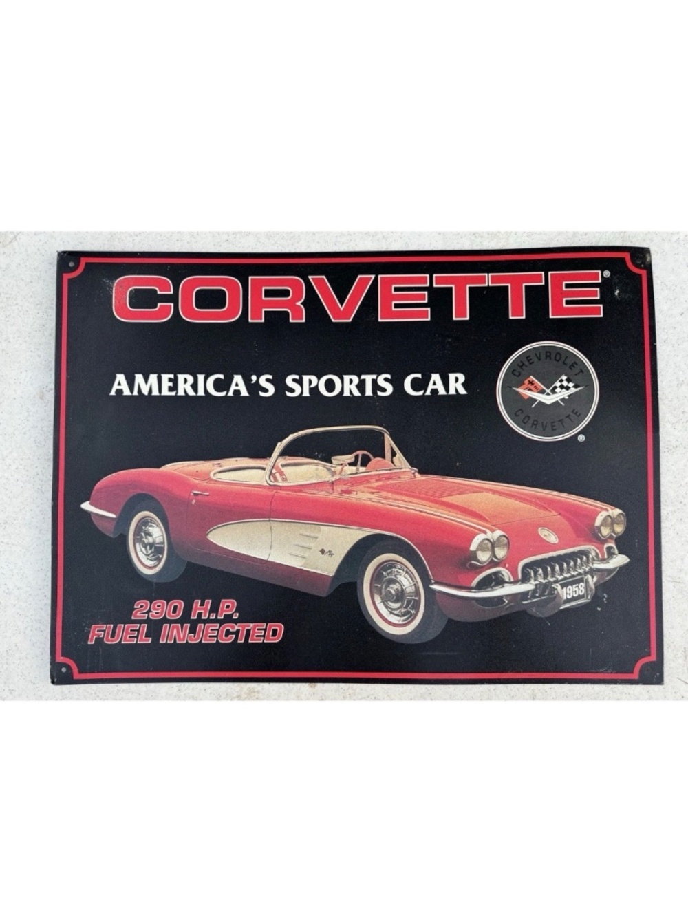 Corvette America Sport Car 290 HP Fuel Injected Metal Sign Man Cave Decor 17x12”